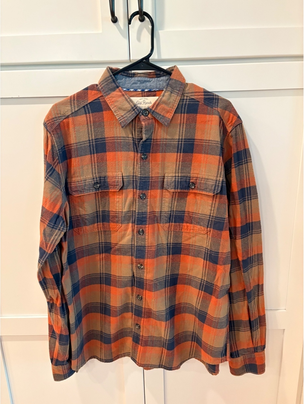Old Ranch Men's Large Orange and Navy Plaid Flannel Shirt